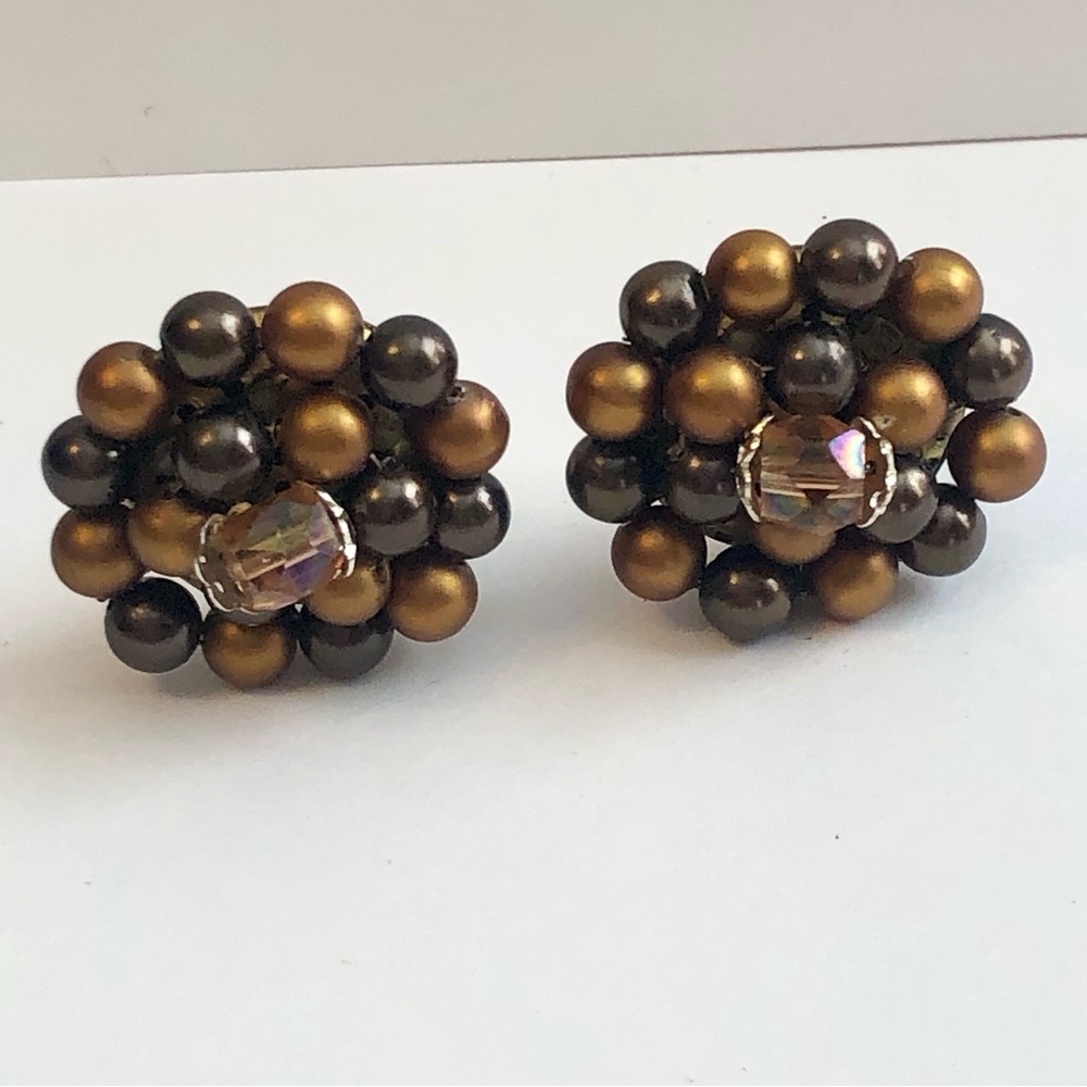Japan cluster bead earrings clip back bronze brown colors amber middle vintage
